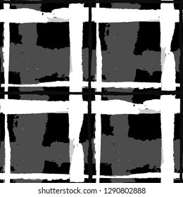 Kilt Texture. Seamless Grunge Pattern with Hand Painted Crossing Brush Strokes for Print, Linen, Cloth. Rustic Check Texture. Vector Seamless Tartan.