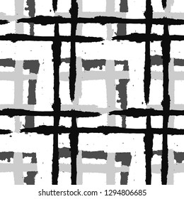Kilt Texture. Seamless Grunge Pattern with Hand Painted Crossing Lines for Print, Upholstery, Cloth. Rustic Check Texture. Vector Seamless Tartan. Scottish Ornament