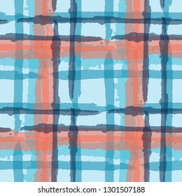 Kilt Texture. Seamless Grunge Pattern with Hand Painted Crossing Lines for Swimwear, Fabric, Textile. Rustic Check Texture. Vector Seamless Tartan. Scottish Ornament