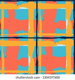 Kilt Texture. Seamless Grunge Pattern with Hand Painted Crossing Brush Strokes for Print, Upholstery, Cloth. Rustic Check Texture. Vector Seamless Plaid Texture.