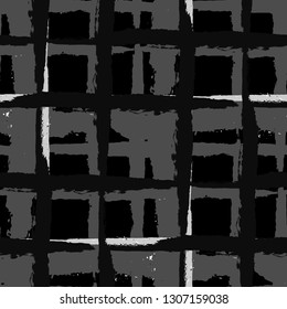 Kilt Texture. Seamless Grunge Pattern with Hand Painted Crossing Brush Strokes for Print, Upholstery, Cloth. Rustic Check Texture. Vector Seamless Kilt Texture.