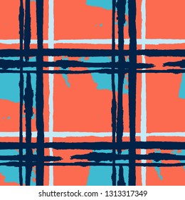 Kilt Texture. Seamless Grunge Pattern with Hand Painted Crossing Stripes for Wallpaper, Linen, Cloth. Rustic Check Texture. Vector Seamless Plaid. Scottish Ornament