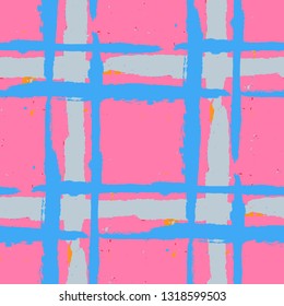 Kilt Texture. Seamless Grunge Pattern with Hand Painted Crossing Brush Strokes for Print, Linen, Cloth. Rustic Check Texture. Vector Seamless Kilt Texture. Scottish Ornament