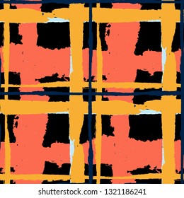 Kilt Texture. Seamless Grunge Pattern with Hand Painted Crossing Lines for Print, Upholstery, Textile. Rustic Check Texture. Vector Seamless Kilt Texture. Scottish Ornament