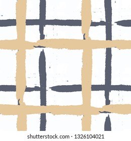 Kilt Texture. Seamless Grunge Pattern with Hand Painted Crossing Brush Strokes for Wrapping Paper, Linen, Sportswear. Rustic Check Texture. Vector Seamless Kilt Texture.
