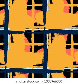 Kilt Texture. Seamless Grunge Pattern with Hand Painted Crossing Stripes for Print, Upholstery, Cloth. Rustic Check Texture. Vector Seamless Tartan.