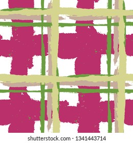 Kilt Texture. Seamless Grunge Pattern with Hand Painted Crossing Lines for Print, Upholstery, Textile. Rustic Check Texture. Vector Seamless Tartan.