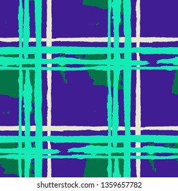 Kilt Texture. Seamless Grunge Pattern with Hand Painted Crossing Stripes for Print, Linen, Cloth. Rustic Check Texture. Vector Seamless Kilt Texture. Scottish Ornament