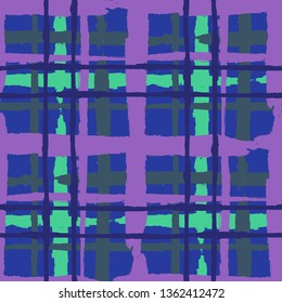 Kilt Texture. Seamless Grunge Pattern with Hand Painted Crossing Lines for Swimwear, Fabric, Textile. Rustic Check Texture. Vector Seamless Kilt Texture.