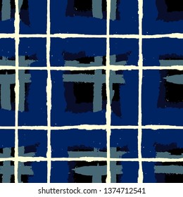 Kilt Texture. Seamless Grunge Pattern with Hand Painted Crossing Stripes for Print, Upholstery, Textile. Rustic Check Texture. Vector Seamless Plaid. Scottish Ornament