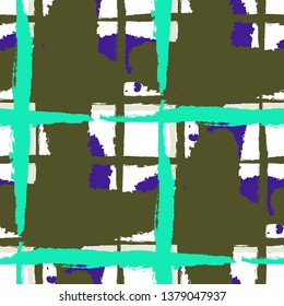 Kilt Texture. Seamless Grunge Pattern with Hand Painted Crossing Lines for Wallpaper, Linen, Sportswear. Rustic Check Texture. Vector Seamless Tartan.