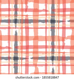 Kilt Texture. Seamless Grunge Pattern with Hand Painted Crossing Stripes for Wrapping Paper, Linen, Sportswear. Rustic Check Texture. Vector Seamless Tartan. Scottish Ornament