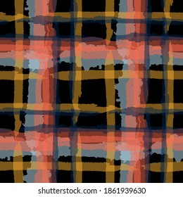 Kilt Texture. Seamless Grunge Pattern With Hand Painted Crossing Brush Strokes For Swimwear, Fabric, Textile. Rustic Check Texture. Vector Seamless Kilt Texture.