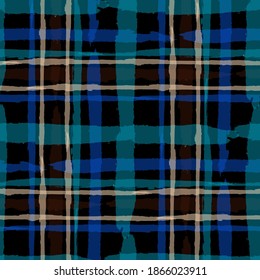 Kilt Texture. Seamless Grunge Pattern with Hand Painted Crossing Brush Strokes for Print, Upholstery, Textile. Rustic Check Texture. Vector Seamless Plaid Texture.