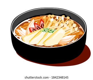 Kim Chi curry, spycy kim chi stew Korean food, a bowl of kim Chi, tufu, onion, Enoki mushroom, ribs and chillies with soup vector illustration