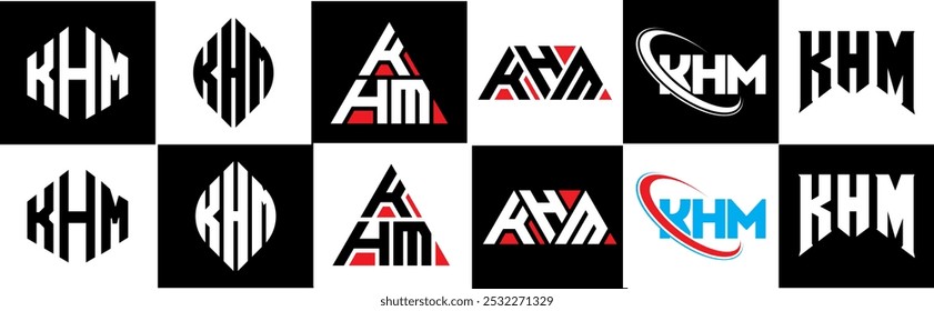 Diseño del logotipo de la letra de KIM en seis estilos. KIM polígono, círculo, triángulo, hexágono, estilo plano y simple con logo de letra de variación de color blanco y negro en una mesa de trabajo. Logotipo minimalista y clásico de KIM