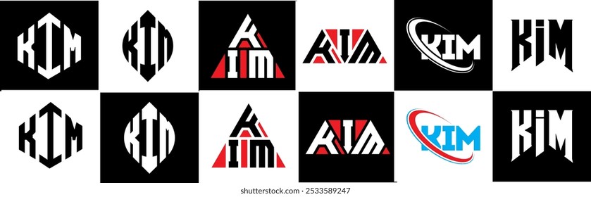 Diseño del logotipo de la letra de KIM en seis estilos. KIM polígono, círculo, triángulo, hexágono, estilo plano y simple con logo de letra de variación de color blanco y negro en una mesa de trabajo. Logotipo minimalista y clásico de KIM