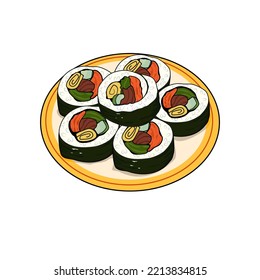 Kimbap oder Gimbap, einzelne Platte aus Kimbap-Reis, Gemüse, Kimchi und Fleisch von Algen gerollt. Kimbap in Scheiben geschnitten. Koreanische Straßenküche, Vektorgrafik auf weißem Hintergrund. 