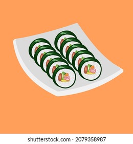 Pieza de Kimbap o Gimbap en un plato, comida coreana realista ilustración vectorial. Ropa de arroz con algas