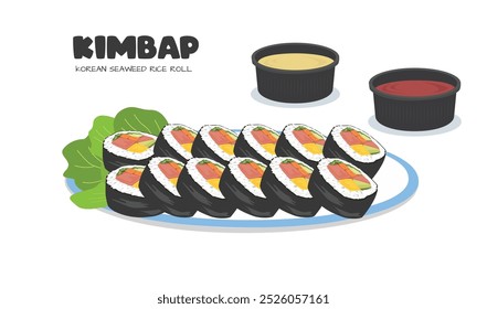 Kimbap or gimbap vector. Korean traditional food clipart. Korean seaweed rice rolls clipart. Flat vector in cartoon style isolated on white background.