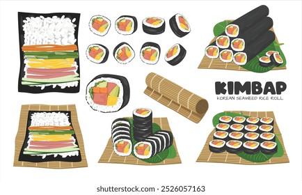 Kimbap o Vector gimbap. Clipart de comida tradicional coreana. Clipart de rollos de arroz de algas coreanas. Vector plano en estilo de dibujos animados aislado sobre fondo blanco.