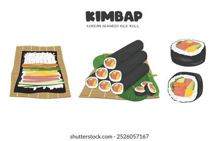 Kimbap oder Gimbap-Vektor. Traditionelles koreanisches Restaurant. Koreanischer Algenreis rollt Clipart. Flacher Vektor im Cartoonstil, einzeln auf weißem Hintergrund.