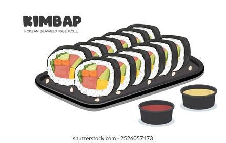 Kimbap or gimbap vector. Korean traditional food clipart. Korean seaweed rice rolls clipart. Flat vector in cartoon style isolated on white background.