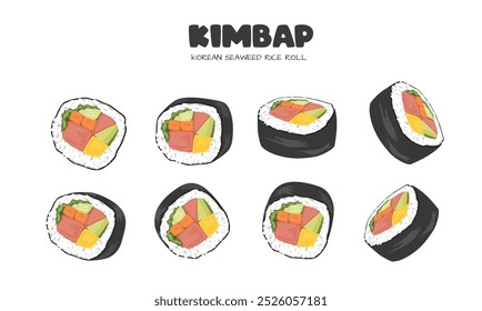 Kimbap or gimbap vector. Korean traditional food clipart. Korean seaweed rice rolls clipart. Flat vector in cartoon style isolated on white background.