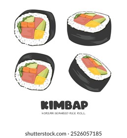 Kimbap or gimbap vector. Korean traditional food clipart. Korean seaweed rice rolls clipart. Flat vector in cartoon style isolated on white background.