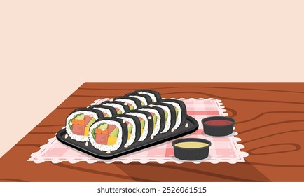 Kimbap or gimbap vector. Korean traditional food clipart. Korean seaweed rice rolls clipart. Flat vector in cartoon style isolated on white background.