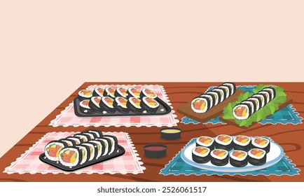 Kimbap or gimbap vector. Korean traditional food clipart. Korean seaweed rice rolls clipart. Flat vector in cartoon style isolated on white background.