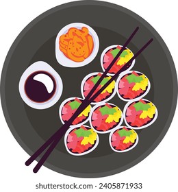 Kimbap Korean Seaweed Rice Rolls concept, Gimbap with yellow pickled radish and kimchi vector icon design, delicious food symbol, authentic local dishes sign, domestic cuisine stock illustration