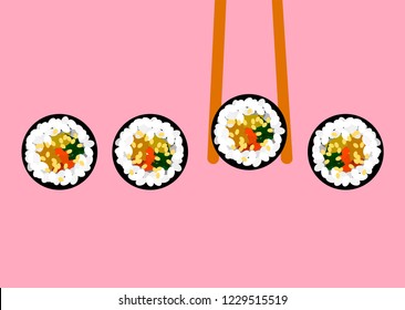 Kimbap Korean sushi roll on pastel pink background