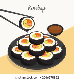 Kimbap (seaweed rice roll) on black plate with soy sauce recipe illustration vector.