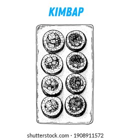 Kimbap sketch, korean food. Hand drawn vector illustration. Sketch style. Top view. Vintage vector illustration.