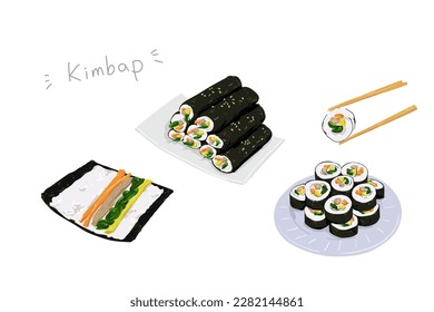 Kimbap, traditional asian food, classic korean cuisine, seaweed rice roll vector illustration.