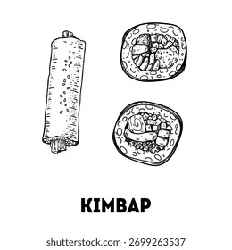 Dibujo de Vector Kimbap. Comida coreana. Ilustración vectorial dibujada a mano. Vista superior.