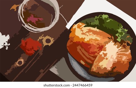 Kimchi cabbage in a bowl with chopsticks for eating on wooden background, top view, Korean food