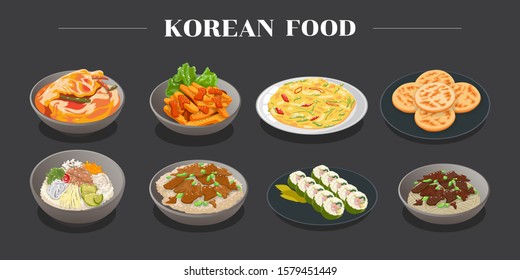 kimchi cabbage,ddukbokki,haemul pajeon,hoeddeok,bibimbap ,bulgogi,kimbap,jajangmyeon korea food menu vector graphic design