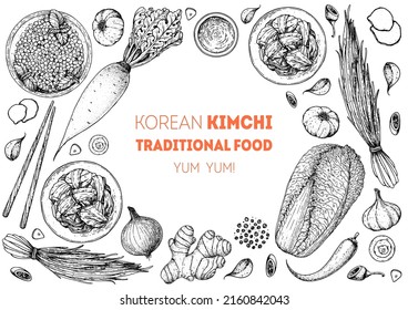 Kimchi cooking and ingredients for kimchi, sketch illustration. Korean cuisine frame. Healthy food, design elements. Hand drawn, package design. Asian food