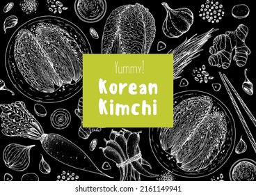 Kimchi cooking and ingredients for kimchi, sketch illustration. Korean cuisine frame. Healthy food, design elements. Hand drawn, package design. Asian food