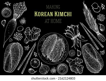 Kimchi cooking and ingredients for kimchi, sketch illustration. Korean cuisine frame. Healthy food, design elements. Hand drawn, package design. Asian food