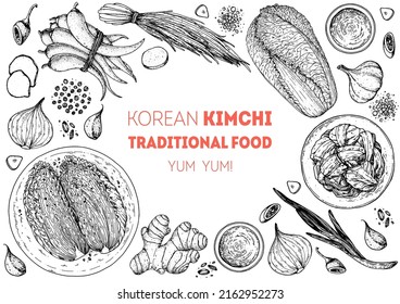 Kimchi cooking and ingredients for kimchi, sketch illustration. Korean cuisine frame. Healthy food, design elements. Hand drawn, package design. Asian food