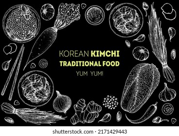 Kimchi cooking and ingredients for kimchi, sketch illustration. Korean cuisine frame. Healthy food, design elements. Hand drawn, package design. Asian food