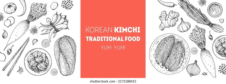 Kimchi cooking and ingredients for kimchi, sketch illustration. Korean cuisine frame. Healthy food, design elements. Hand drawn, package design. Asian food