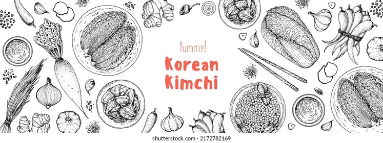 Cocina Kimchi e ingredientes para kimchi, ilustración de boceto. Marco de cocina coreana. Alimentos saludables, elementos de diseño. Dibujado a mano, diseño de paquete. Comida asiática