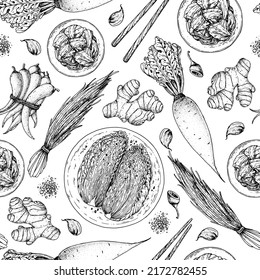 Kimchi cooking and ingredients for kimchi, sketch illustration. Seamless pattern. Korean cuisine. Healthy food, design elements. Hand drawn, package design. Asian food