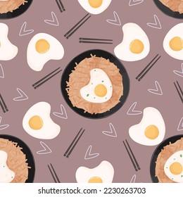 Kimchi fried rice with fried egg pattern. Chopstick, egg seamless vector pattern.