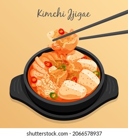 Kimchi Jjigae (Spicy kimchi stew) in black bowl recipe illustration vector.