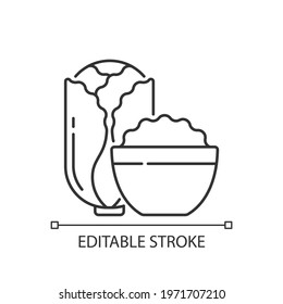 Kimchi linear icon. Traditional side dish with cabbage and radish. Asian cuisine. Hot napa meal. Thin line customizable illustration. Contour symbol. Vector isolated outline drawing. Editable stroke